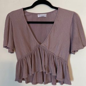 Purple deep V pleated peplum crop top